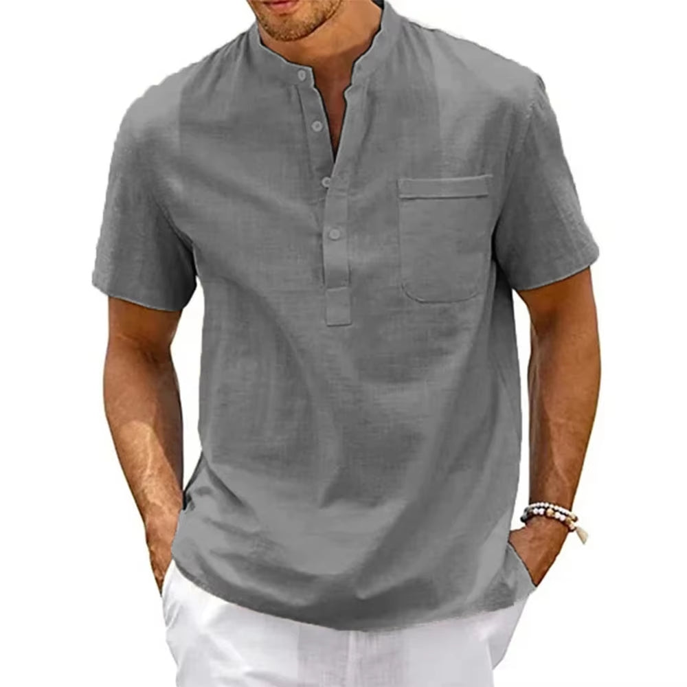 Men's Cotton Linen Henley Shirt - Casual Short Sleeve Pocket Tee for Beach & Streetwear