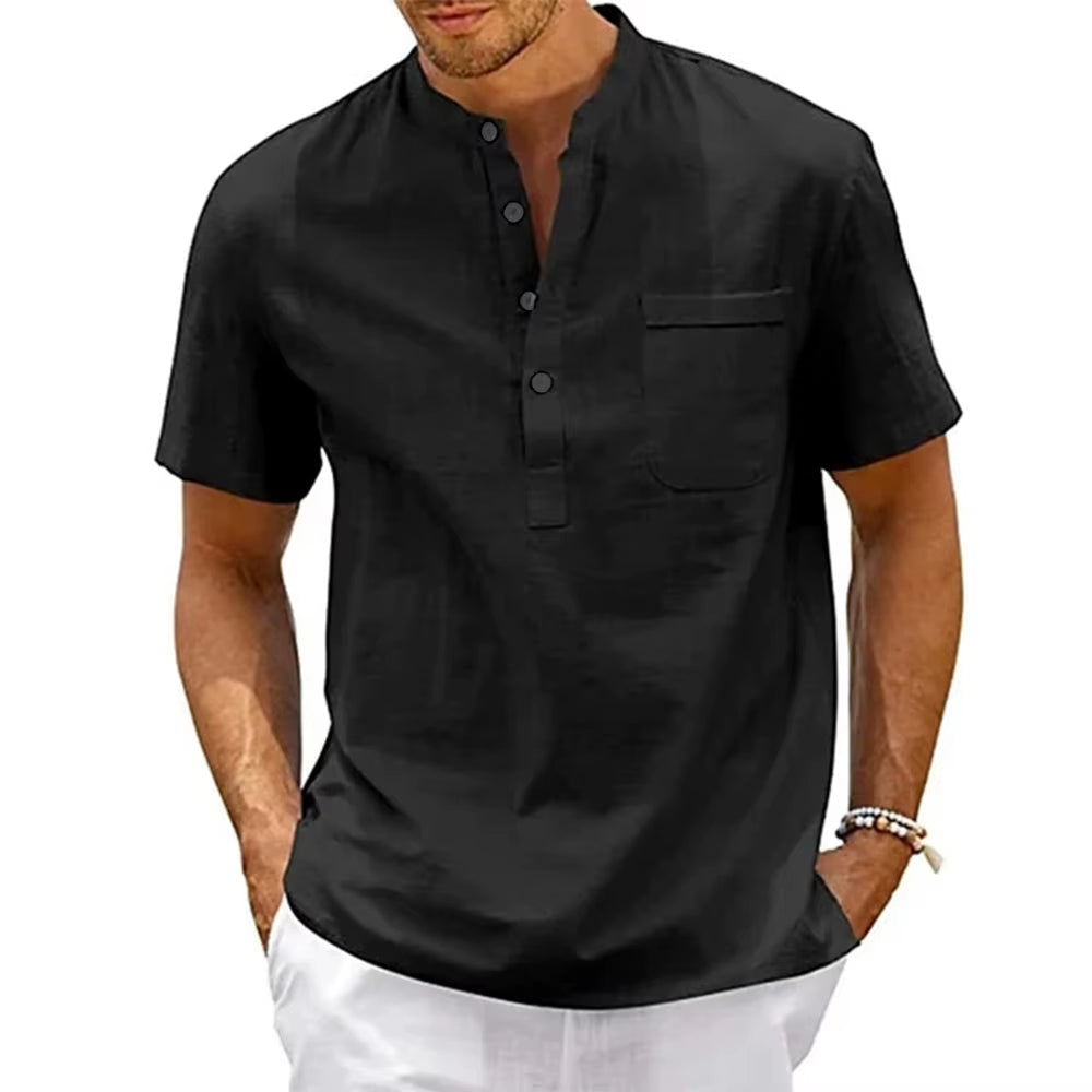 Men's Cotton Linen Henley Shirt - Casual Short Sleeve Pocket Tee for Beach & Streetwear