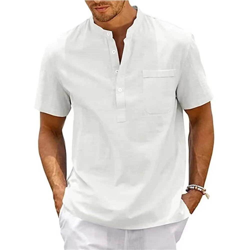Men's Cotton Linen Henley Shirt - Casual Short Sleeve Pocket Tee for Beach & Streetwear