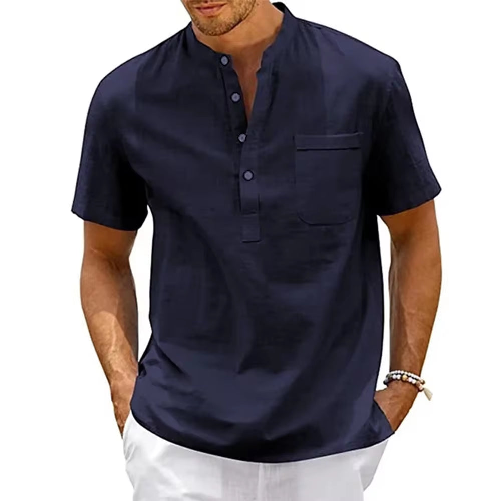 Men's Cotton Linen Henley Shirt - Casual Short Sleeve Pocket Tee for Beach & Streetwear