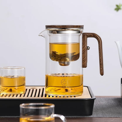 One Click Magnetic Teapot Separation Filtration Glass Tea Pot Wood Handle