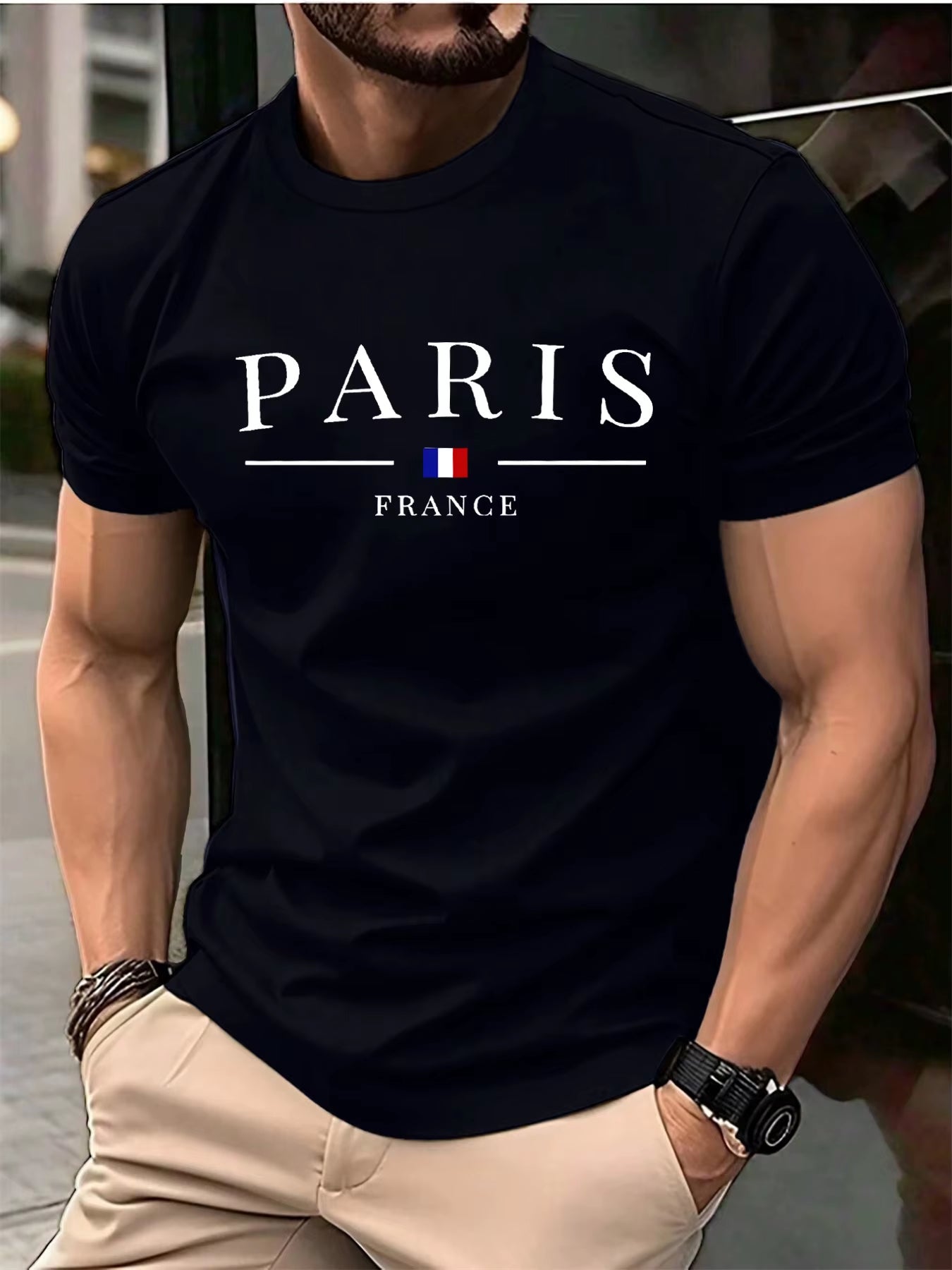 Summer Men'S 100% Pure Cotton Casual Loose plus Size Paris French Printed Sports Comfortable round Neck Short Sleeved T-Shirt