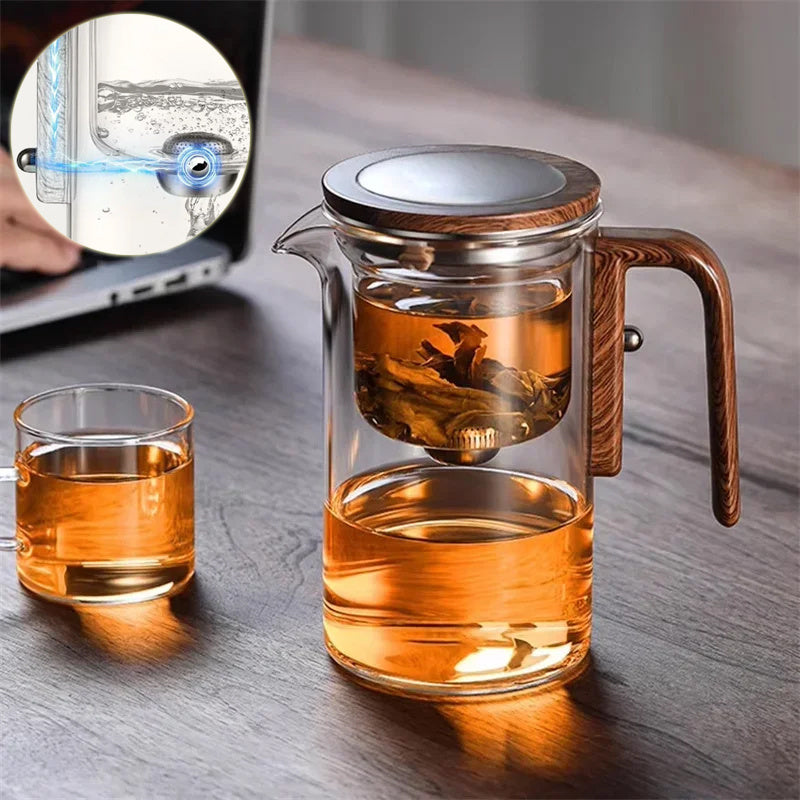 One Click Magnetic Teapot Separation Filtration Glass Tea Pot Wood Handle