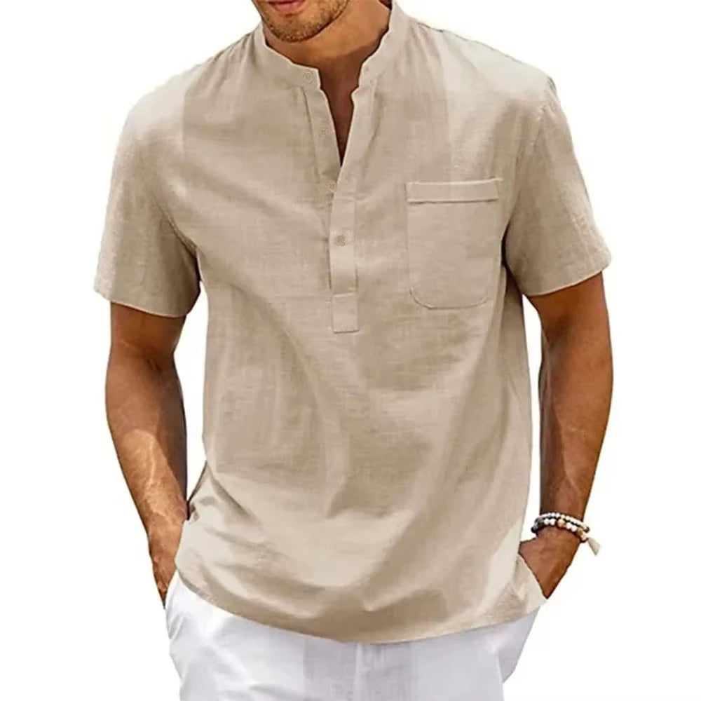 Men's Cotton Linen Henley Shirt - Casual Short Sleeve Pocket Tee for Beach & Streetwear