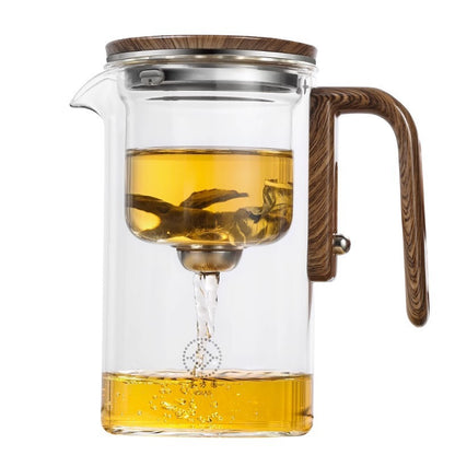 One Click Magnetic Teapot Separation Filtration Glass Tea Pot Wood Handle