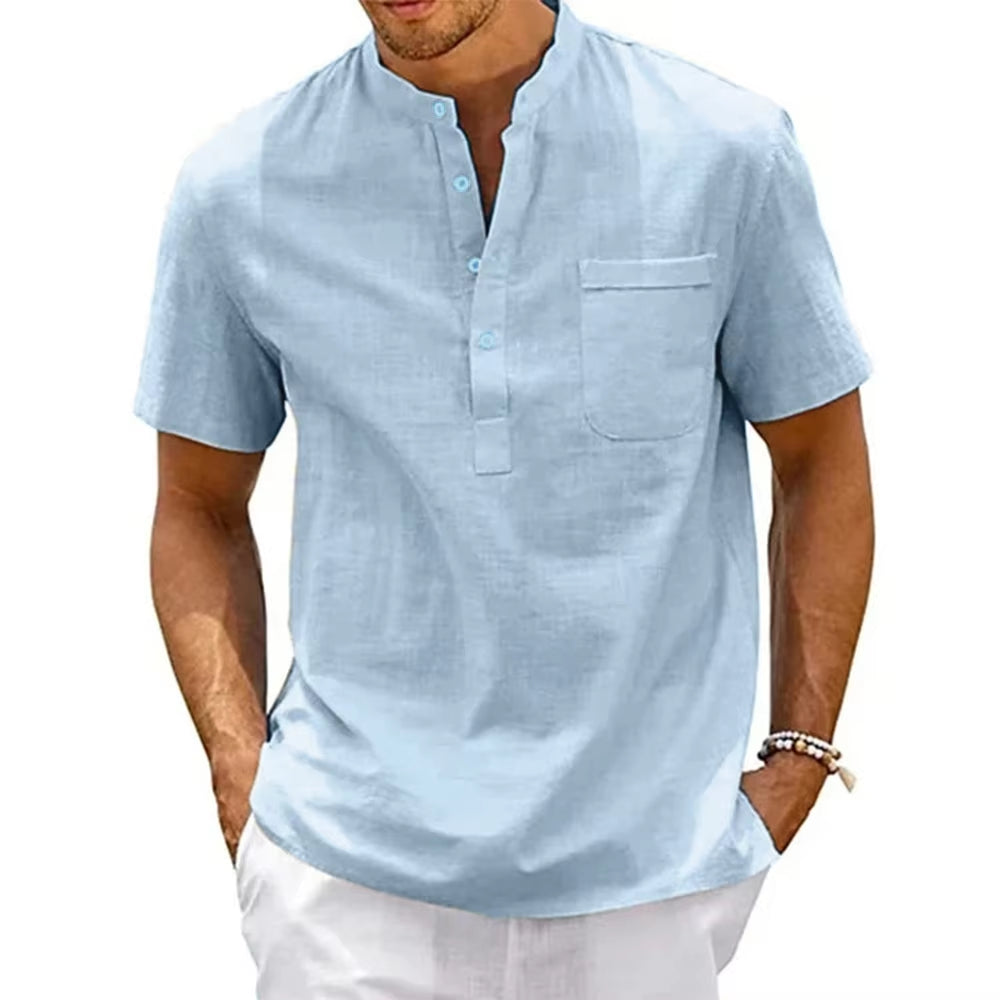 Men's Cotton Linen Henley Shirt - Casual Short Sleeve Pocket Tee for Beach & Streetwear