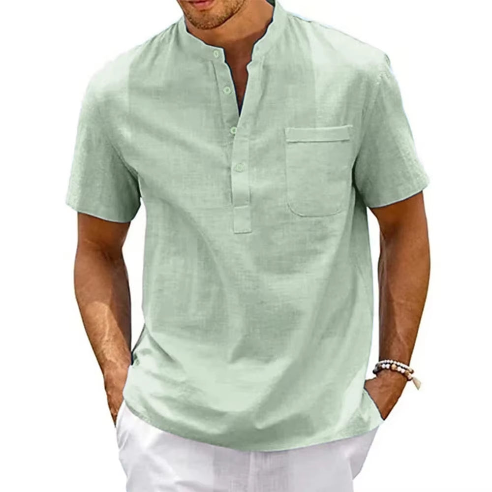 Men's Cotton Linen Henley Shirt - Casual Short Sleeve Pocket Tee for Beach & Streetwear